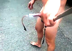 Dick pump and ball weights bare in public